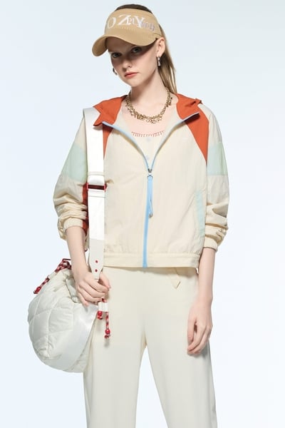 白奎色色塊拼接連帽外套