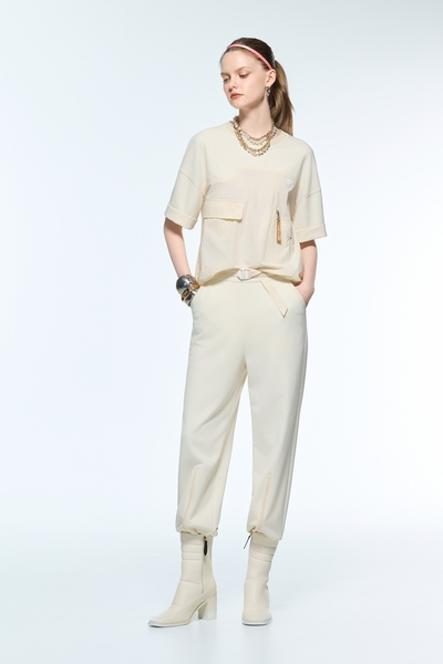 白奎色下擺拉鍊休閒褲